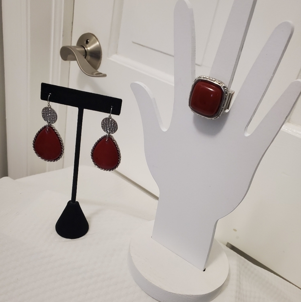 Mixit Red & Silvertone Dangle Earrings And Matching Ring Set, Boho, Aztec